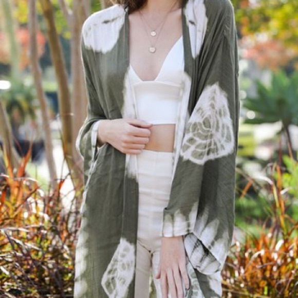 Olive Tie Dye Kimono Wrap Duster Coverup - Picture 3 of 3